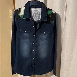 Denim Button-Up Shirt with Green and Black Patched detail.